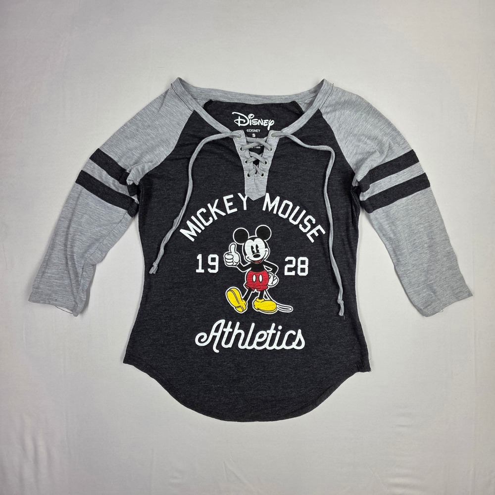 Disney Mickey Mouse Athletics Lace Up Raglan Shirt Grey Charcoal Small